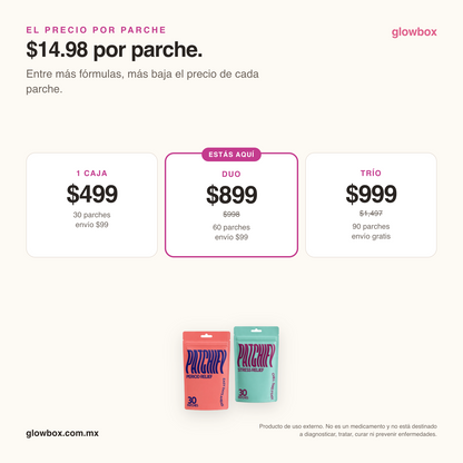 Precio por parche del duo: $14.98. Escalera 1 caja $499, duo $899, trio $999 con envio gratis