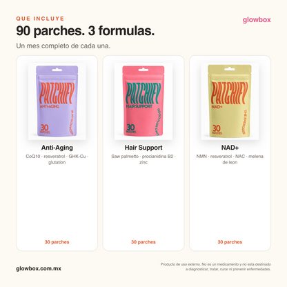 Qué incluye el Trío Belleza: 30 parches de Anti-Aging, 30 de Hair Support y 30 de NAD+