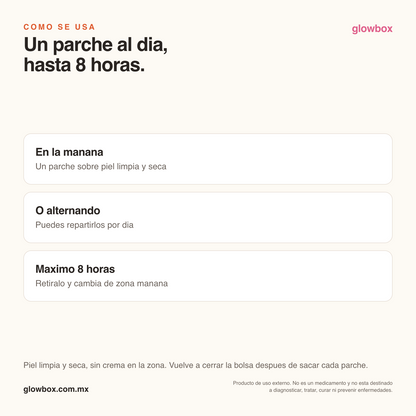 Cómo se usa Patchify: un parche al día, hasta 8 horas, sobre piel limpia y seca