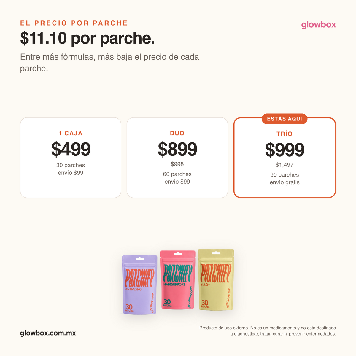 Precio por parche del trio: $11.10. Escalera 1 caja $499, duo $899, trio $999 con envio gratis