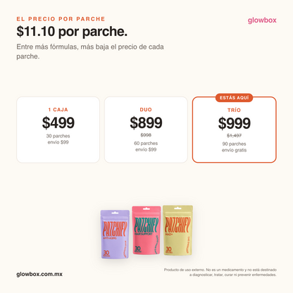 Precio por parche del trio: $11.10. Escalera 1 caja $499, duo $899, trio $999 con envio gratis
