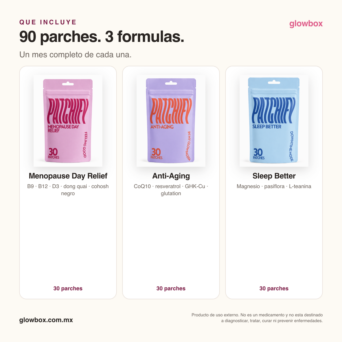 Qué incluye el Trío Esta Etapa: 30 parches de Menopause Day Relief, 30 de Anti-Aging y 30 de Sleep Better