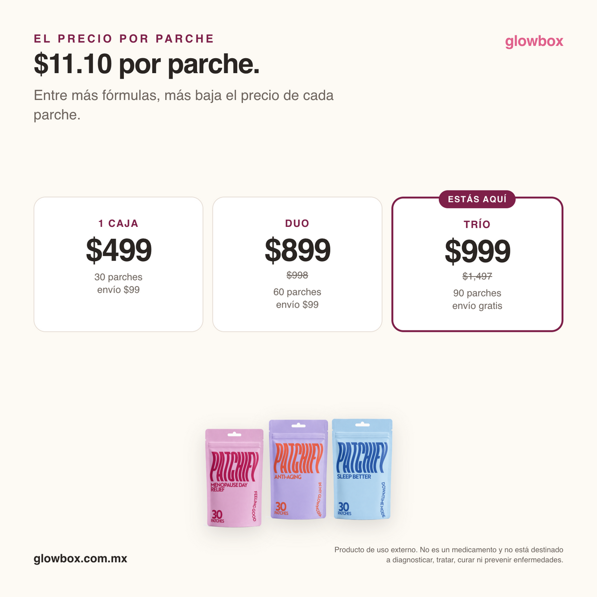 Precio por parche del trio: $11.10. Escalera 1 caja $499, duo $899, trio $999 con envio gratis