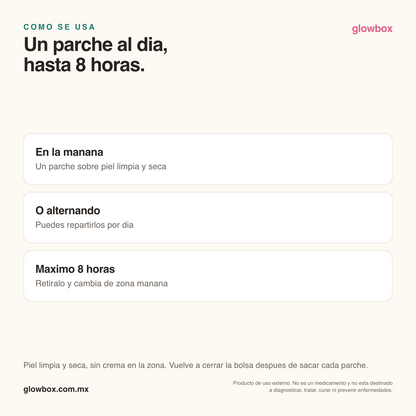 Cómo se usa Patchify: un parche al día, hasta 8 horas, sobre piel limpia y seca