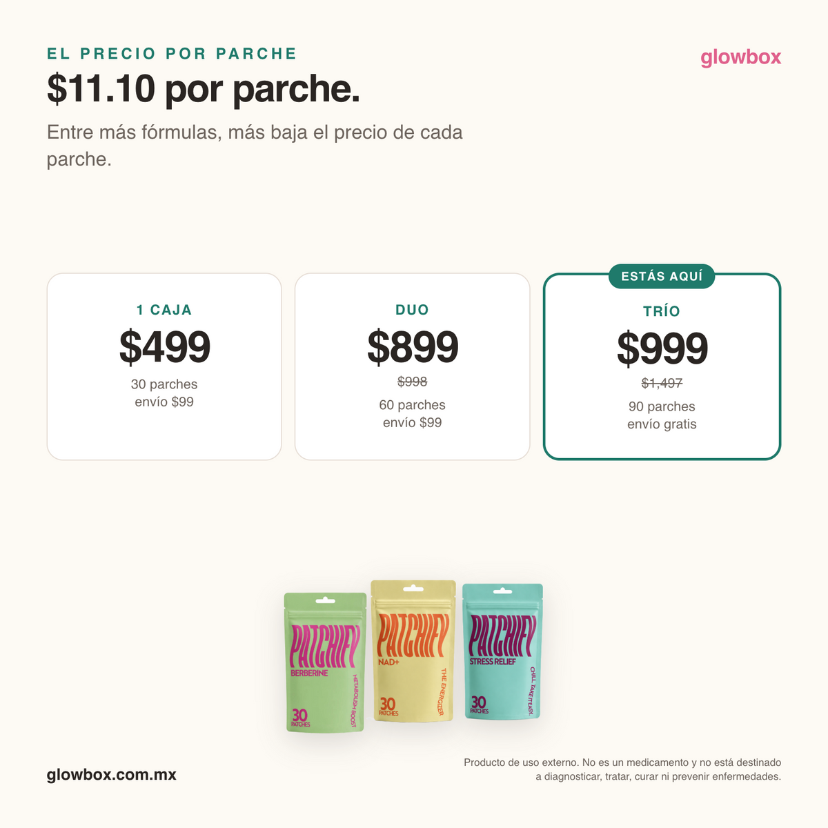 Precio por parche del trio: $11.10. Escalera 1 caja $499, duo $899, trio $999 con envio gratis