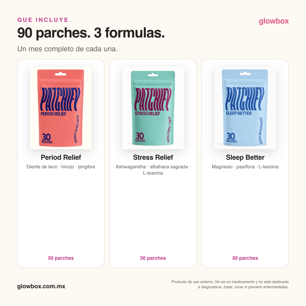 Qué incluye el Trío Tus Días: 30 parches de Period Relief, 30 de Stress Relief y 30 de Sleep Better