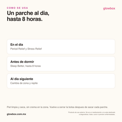 Cómo se usa Patchify: un parche al día, hasta 8 horas, sobre piel limpia y seca