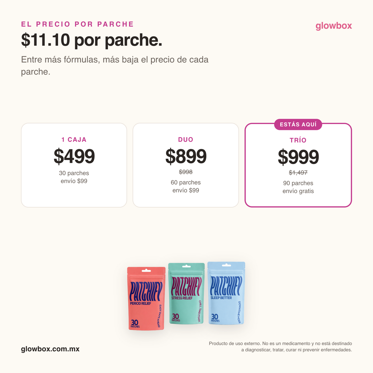 Precio por parche del trio: $11.10. Escalera 1 caja $499, duo $899, trio $999 con envio gratis
