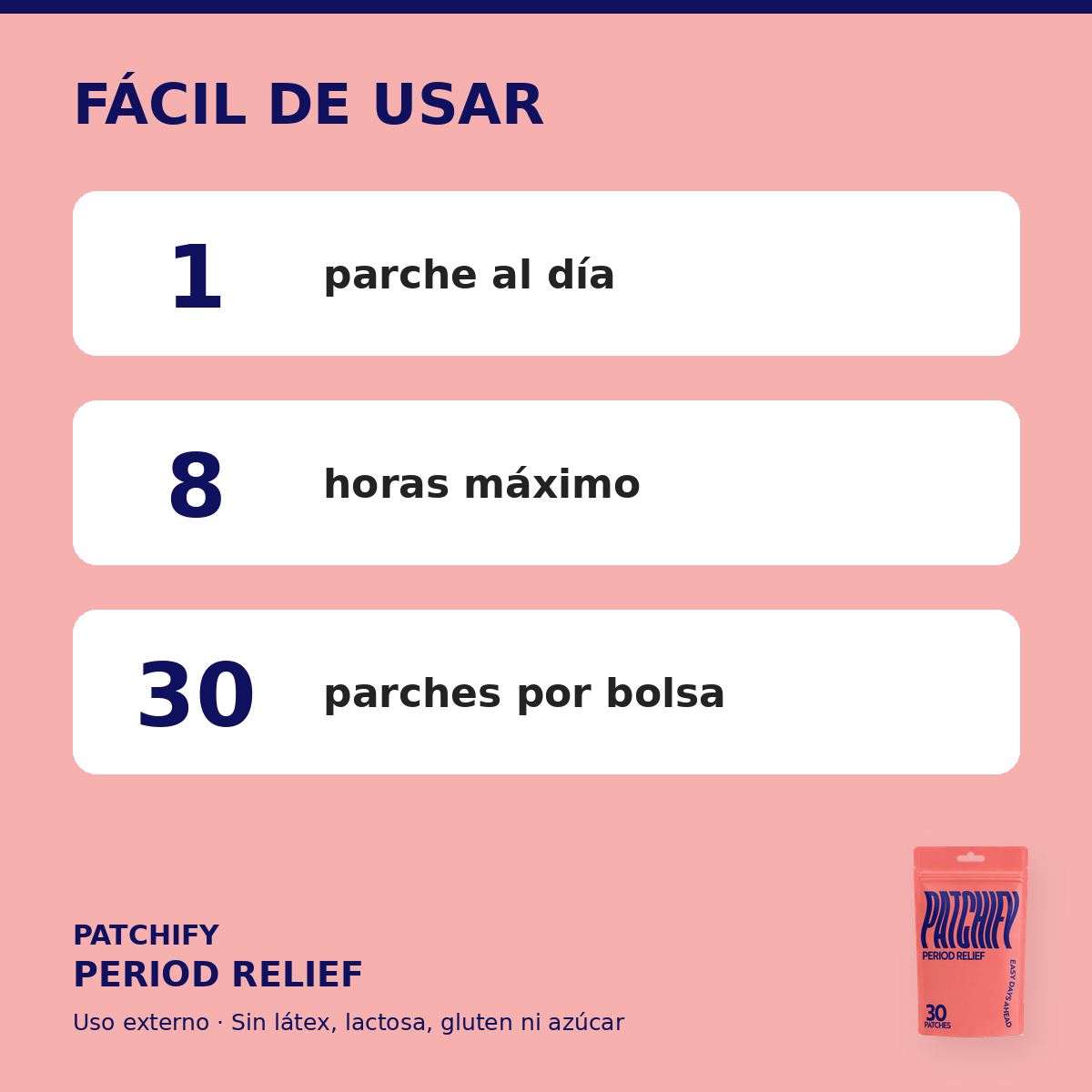 Patchify Period Relief: 1 parche al día, 8 horas máximo, 30 parches por bolsa