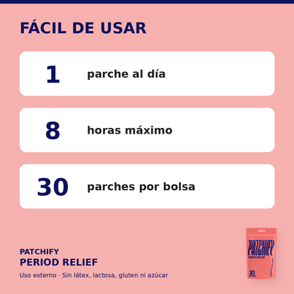 Patchify Period Relief: 1 parche al día, 8 horas máximo, 30 parches por bolsa