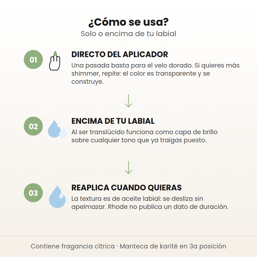 Cómo se usa el Peptide Lip Tint: directo del aplicador, encima del labial y reaplicar cuando quieras