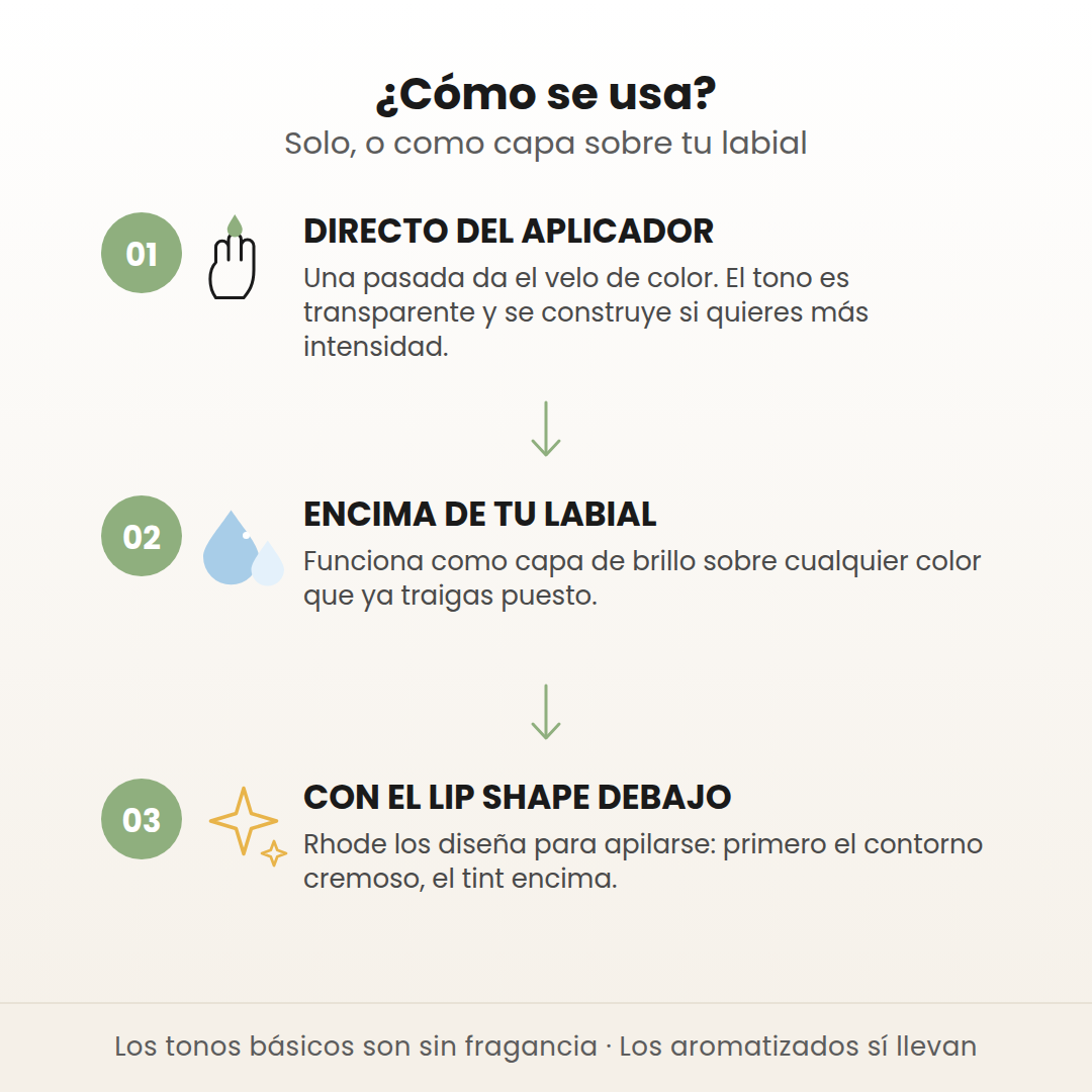 Cómo se usa el Peptide Lip Tint: directo del aplicador, sobre tu labial o con el Lip Shape debajo