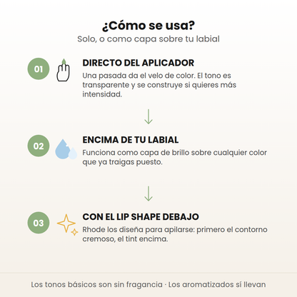 Cómo se usa el Peptide Lip Tint: directo del aplicador, sobre tu labial o con el Lip Shape debajo