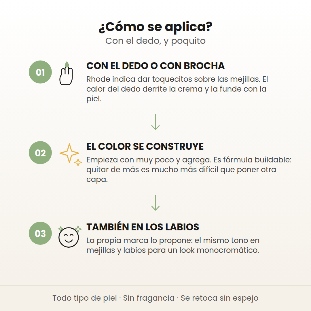 Cómo se aplica el Pocket Blush de Rhode en 3 pasos: con el dedo o brocha, el color se construye por capas y también sirve en labios