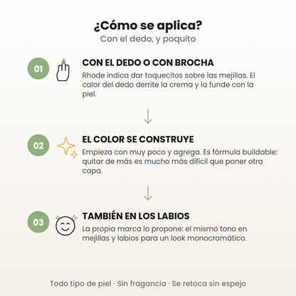Cómo se aplica el Pocket Blush de Rhode en 3 pasos: con el dedo o brocha, el color se construye por capas y también sirve en labios