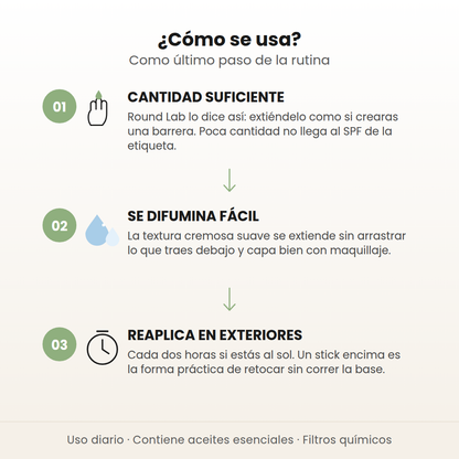 Cómo se usa el protector de Round Lab en 3 pasos: cantidad suficiente, se difumina fácil y reaplicar en exteriores