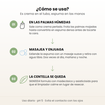 Cómo se usa el Ampoule Foam de SKIN1004 en 3 pasos: haz espuma en las palmas húmedas, masajea y enjuaga, y la centella calma