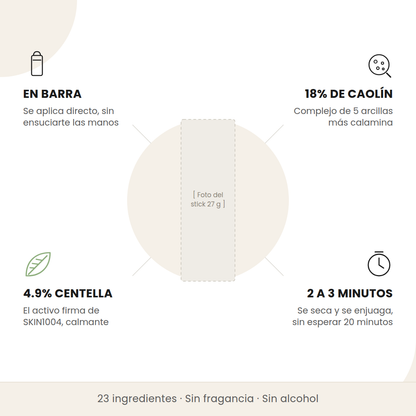 Beneficios de la mascarilla de arcilla en barra de SKIN1004: formato stick, 18% de caolín, 4.9% de centella y solo 2 o 3 minutos de exposición