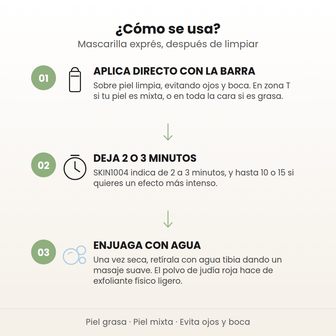 Cómo se usa la Clay Stick Mask en 3 pasos: aplica directo con la barra, deja 2 o 3 minutos y enjuaga con agua tibia