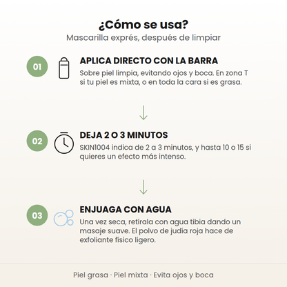 Cómo se usa la Clay Stick Mask en 3 pasos: aplica directo con la barra, deja 2 o 3 minutos y enjuaga con agua tibia