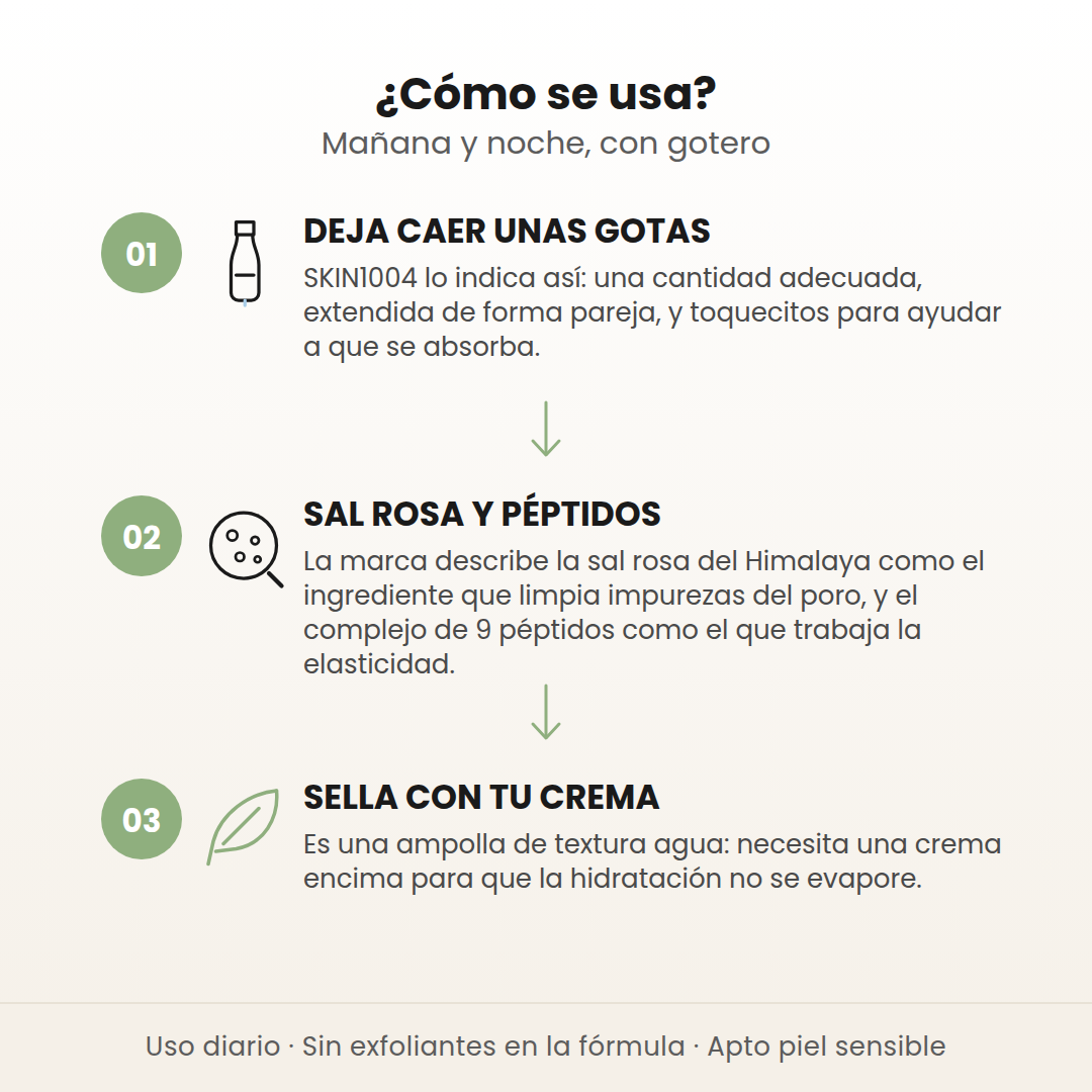 Cómo se usa la ampolla Poremizing de SKIN1004 en 3 pasos: deja caer unas gotas, la sal rosa y los péptidos trabajan, y sella con tu crema