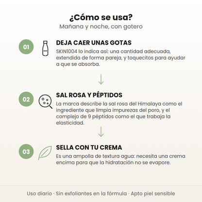 Cómo se usa la ampolla Poremizing de SKIN1004 en 3 pasos: deja caer unas gotas, la sal rosa y los péptidos trabajan, y sella con tu crema
