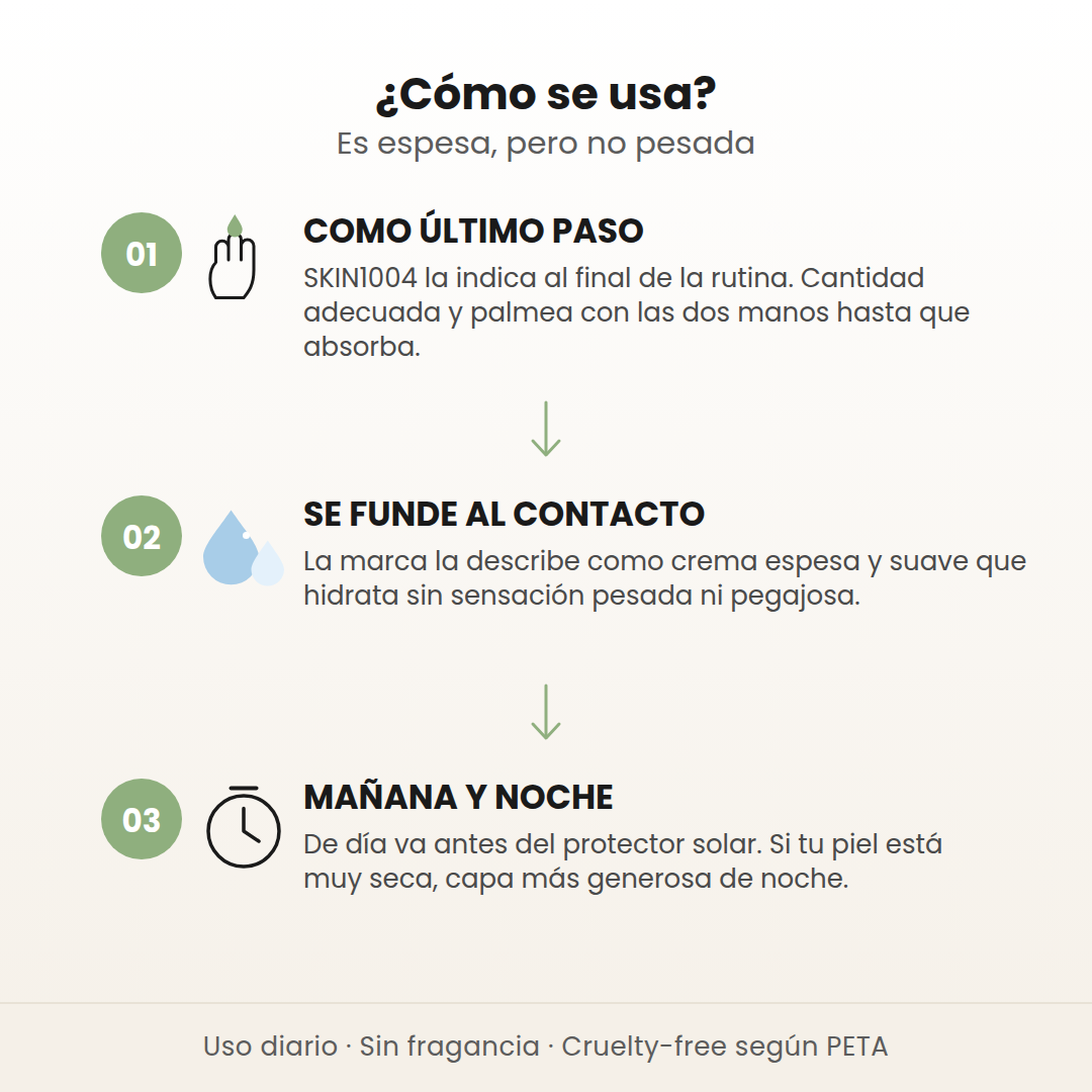 Cómo se usa la Probio-Cica Enrich Cream: último paso, se funde al contacto, mañana y noche