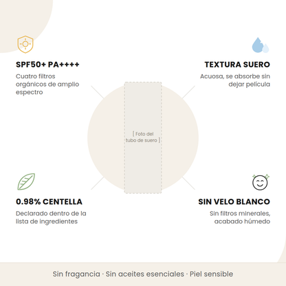 Beneficios del SKIN1004 Hyalu-Cica Water-Fit Sun Serum: SPF50+ PA++++, textura de suero, 0.98% de centella y sin velo blanco