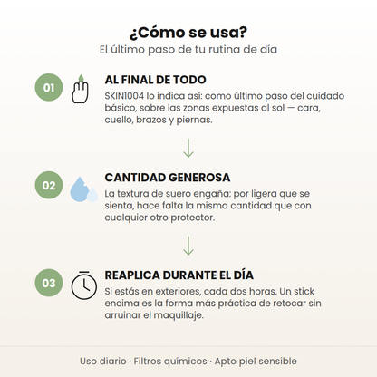 Cómo se usa el sun serum de SKIN1004 en 3 pasos: al final de la rutina, cantidad generosa y reaplicar durante el día