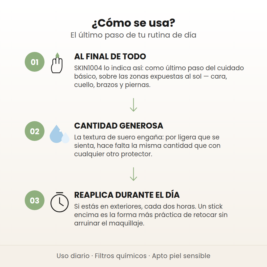 Cómo se usa el sun serum de SKIN1004 en 3 pasos: al final de la rutina, cantidad generosa y reaplicar durante el día