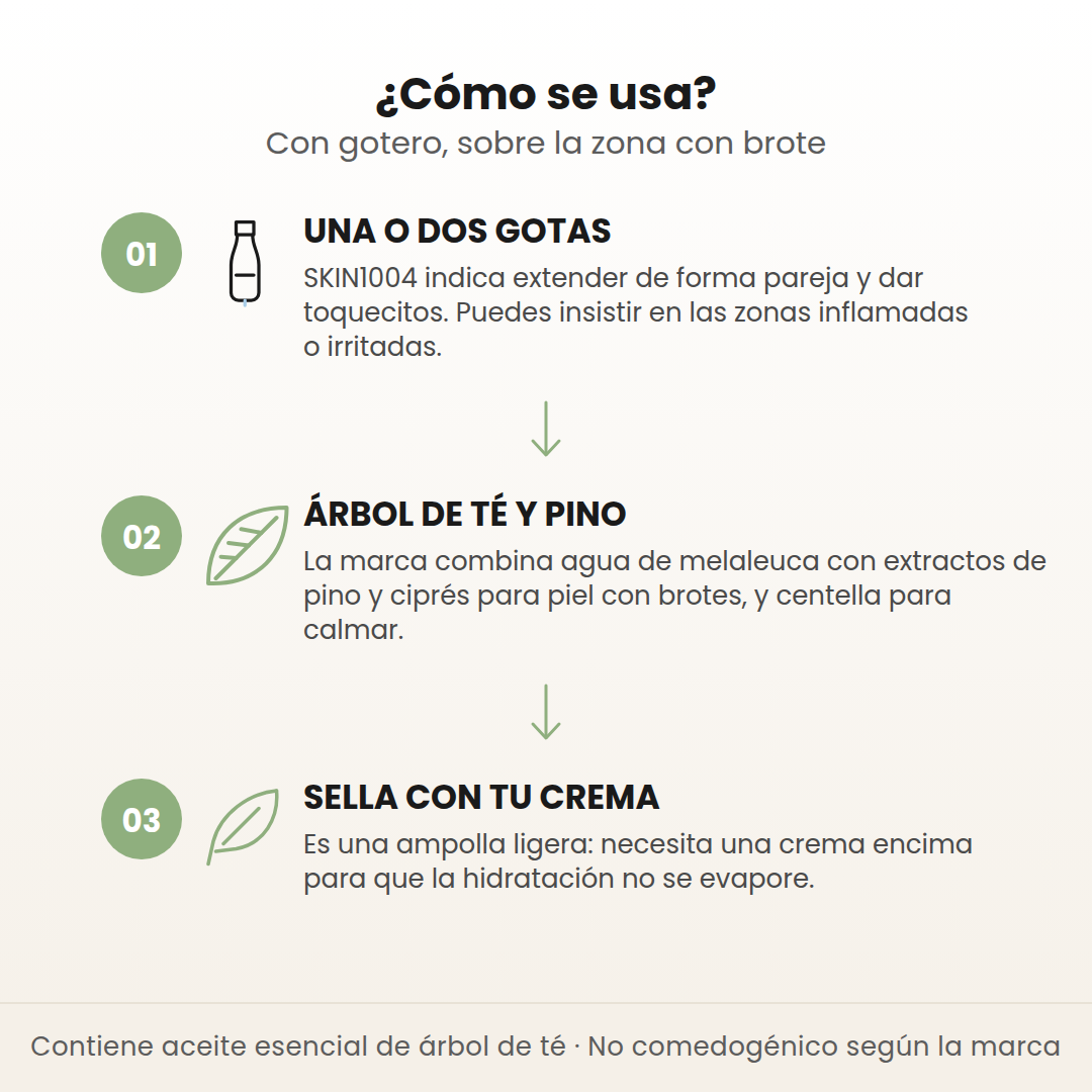 Cómo se usa la ampolla Tea-Trica en 3 pasos: una o dos gotas, árbol de té y pino trabajando, y sella con tu crema