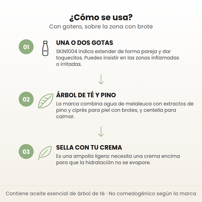 Cómo se usa la ampolla Tea-Trica en 3 pasos: una o dos gotas, árbol de té y pino trabajando, y sella con tu crema