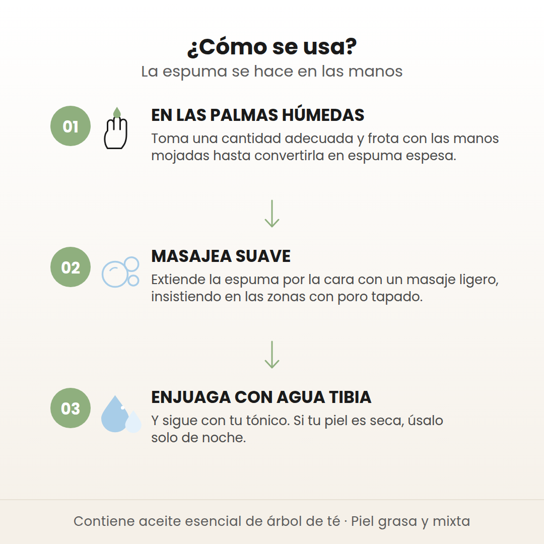 Cómo se usa el Tea-Trica BHA Foam en 3 pasos: espuma en las palmas, masaje suave y enjuague