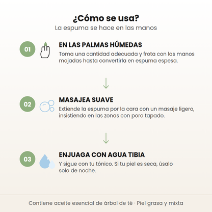 Cómo se usa el Tea-Trica BHA Foam en 3 pasos: espuma en las palmas, masaje suave y enjuague