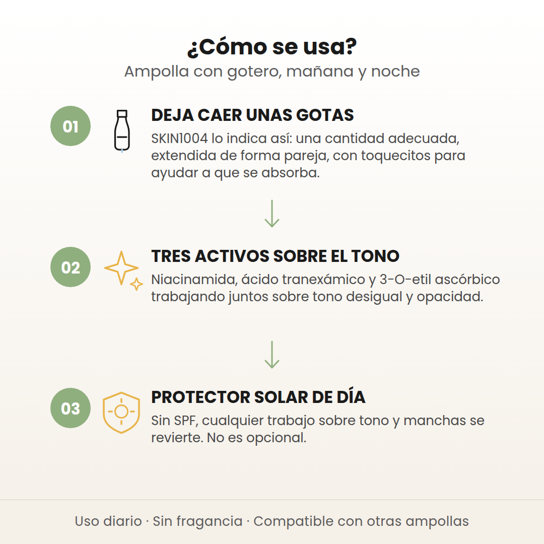 Cómo se usa la ampolla Tone Brightening en 3 pasos: deja caer unas gotas, tres activos sobre el tono y protector solar de día