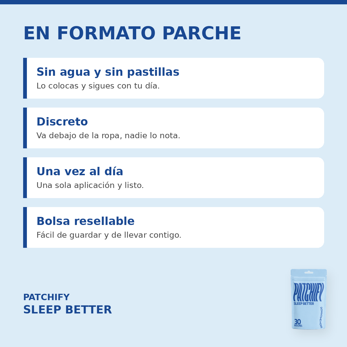 Patchify Sleep Better en formato parche: sin agua ni pastillas, discreto, una vez al día, bolsa resellable