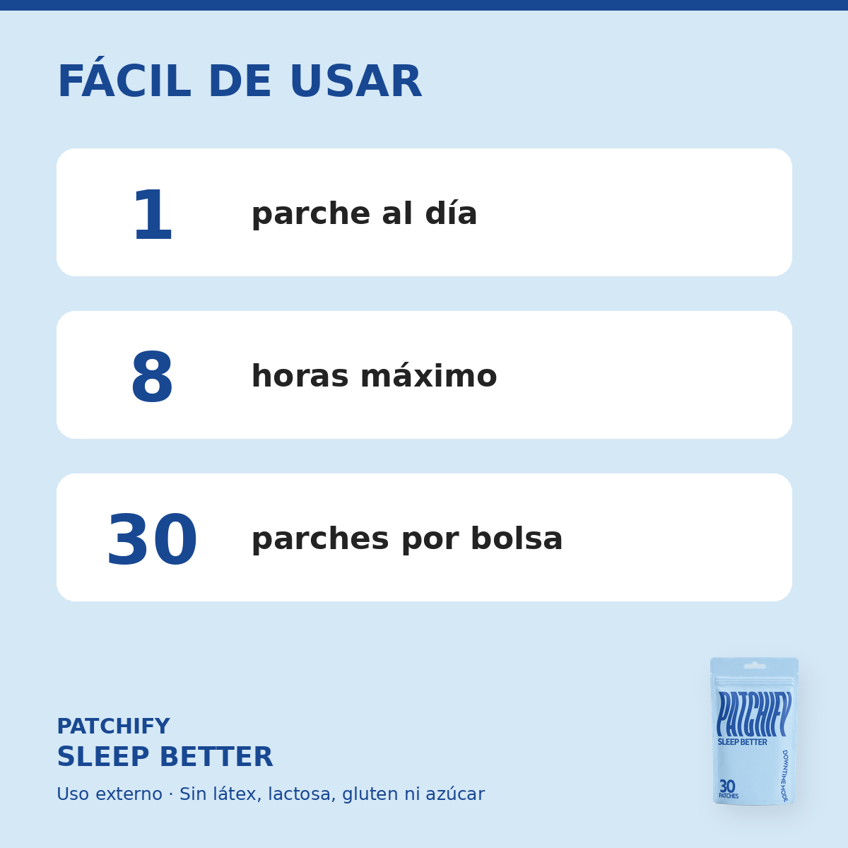 Patchify Sleep Better: 1 parche al día, 8 horas máximo, 30 parches por bolsa