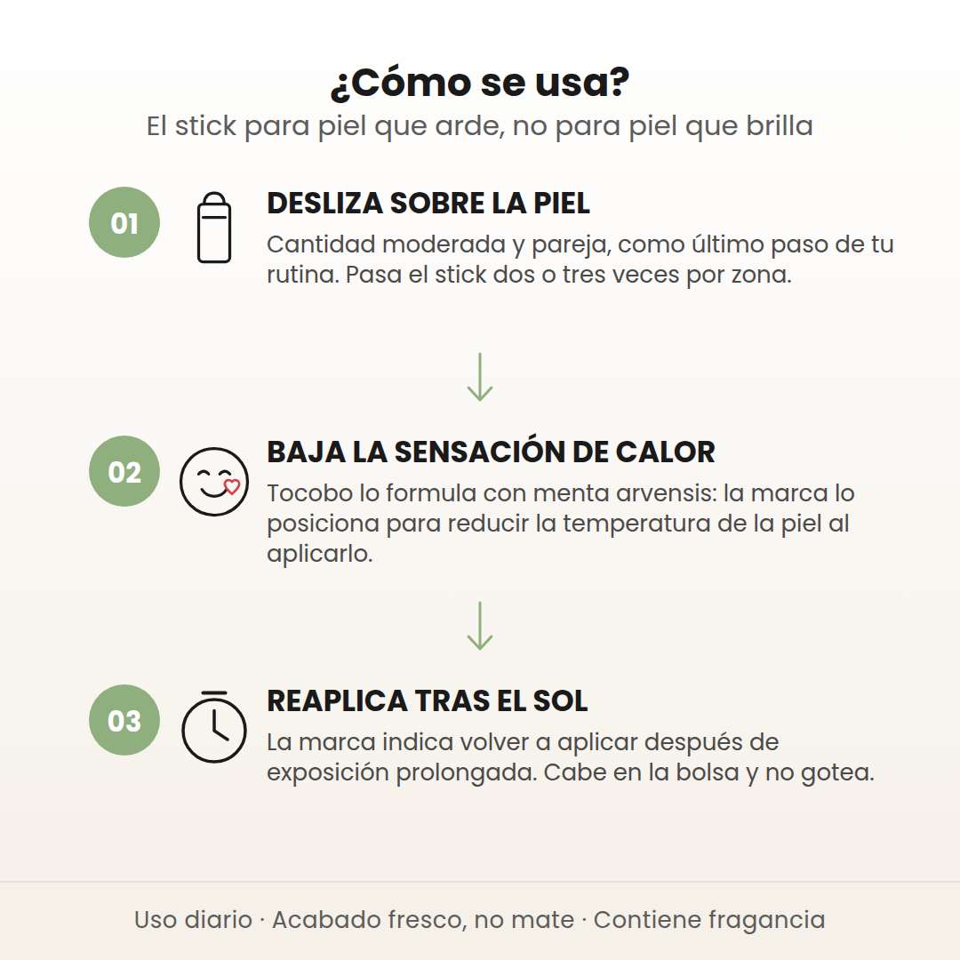 Cómo se usa el Cica Cooling Sun Stick en 3 pasos: desliza sobre la piel, baja la sensación de calor y reaplica tras el sol