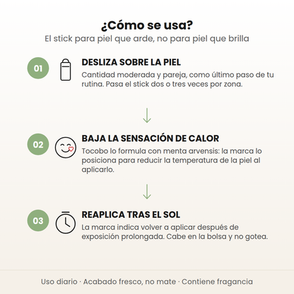 Cómo se usa el Cica Cooling Sun Stick en 3 pasos: desliza sobre la piel, baja la sensación de calor y reaplica tras el sol