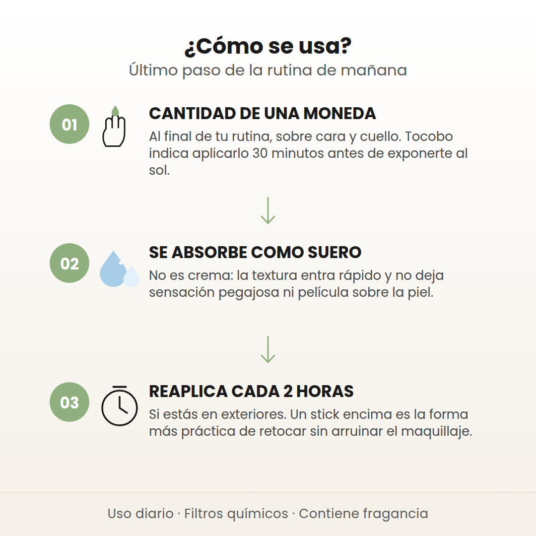 Cómo se usa el Cica Calming Sun Serum en 3 pasos: cantidad de una moneda, se absorbe como suero y reaplicar cada 2 horas