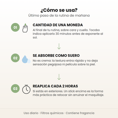 Cómo se usa el Cica Calming Sun Serum en 3 pasos: cantidad de una moneda, se absorbe como suero y reaplicar cada 2 horas