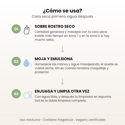 Cómo se usa el aceite limpiador de Tocobo en 3 pasos: rostro seco, emulsionar con agua y doble limpieza