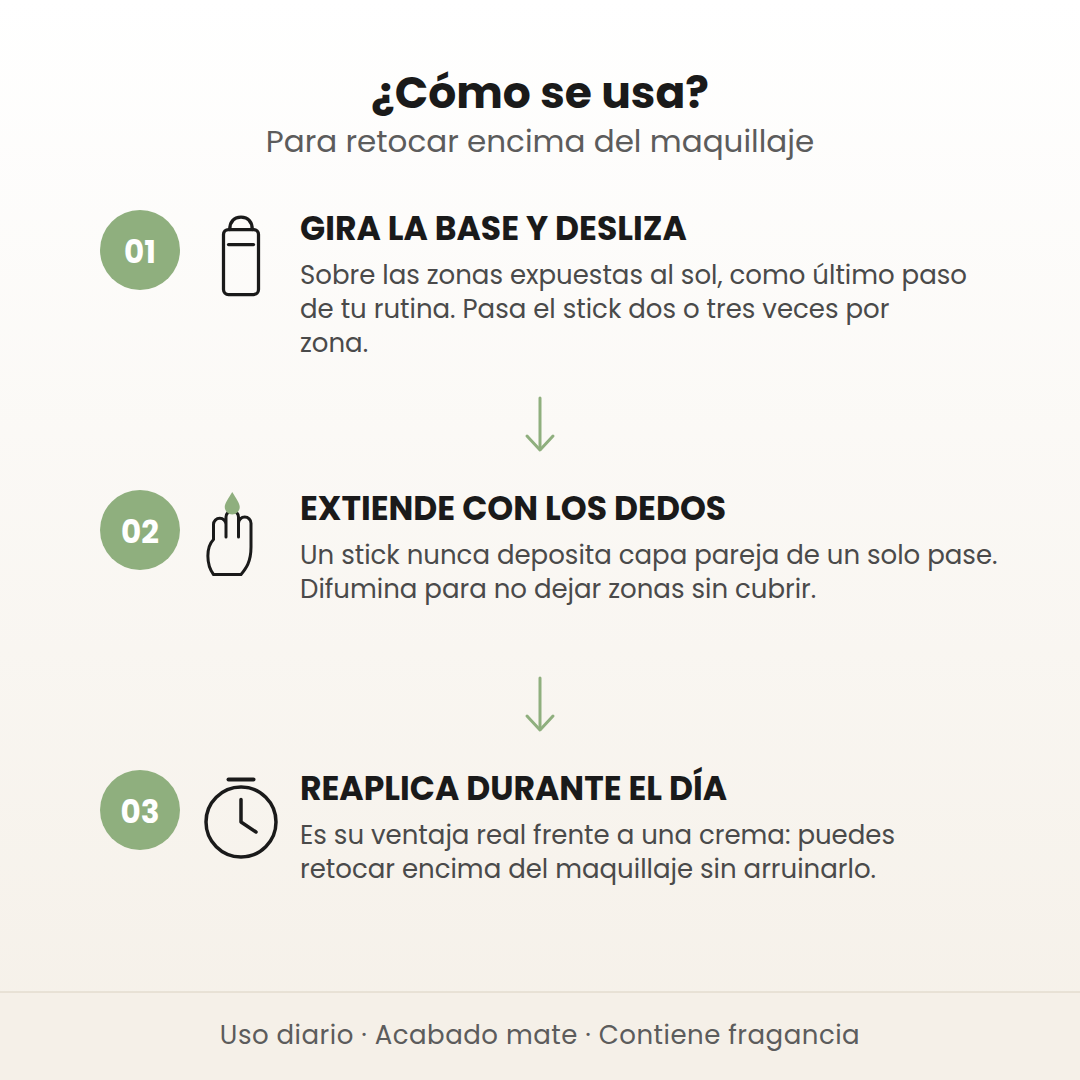 Cómo se usa el Cotton Soft Sun Stick en 3 pasos: gira la base y desliza, extiende con los dedos y reaplica durante el día