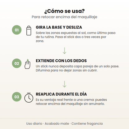 Cómo se usa el Cotton Soft Sun Stick en 3 pasos: gira la base y desliza, extiende con los dedos y reaplica durante el día