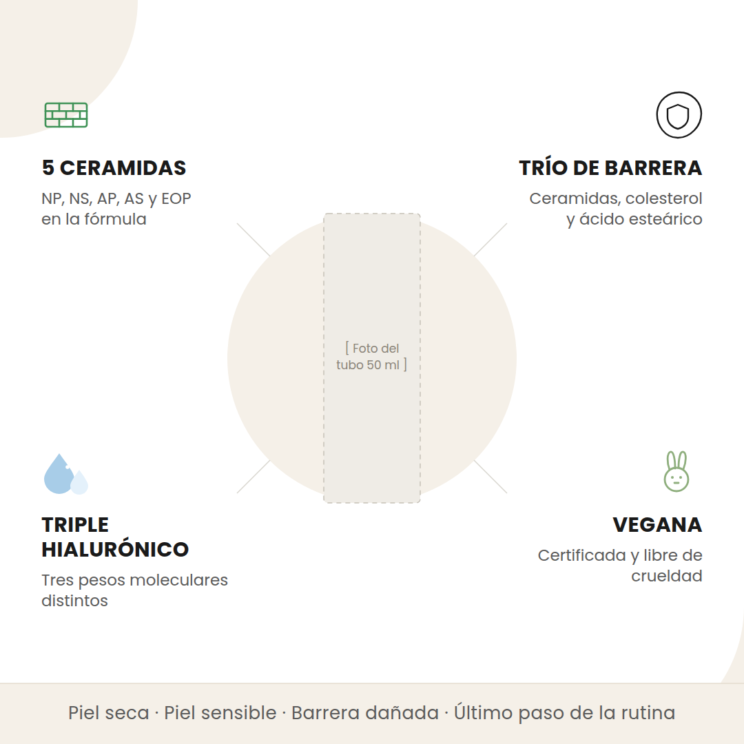Beneficios de la Multi Ceramide Cream de Tocobo: 5 ceramidas, trío de barrera, triple hialurónico y vegana