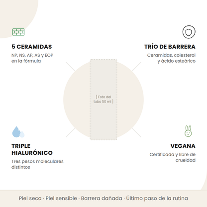 Beneficios de la Multi Ceramide Cream de Tocobo: 5 ceramidas, trío de barrera, triple hialurónico y vegana